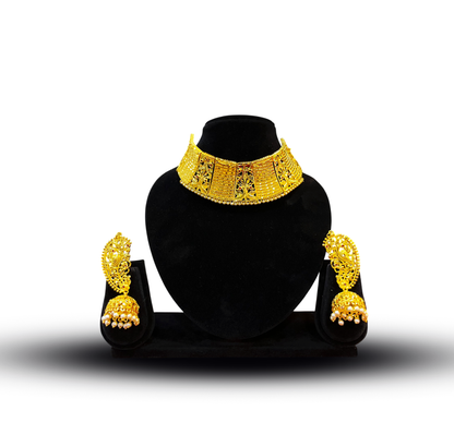 24K Gold-Plated - Traditional Gold Plated Bridal Choker Necklace Set with Jhumka Earrings