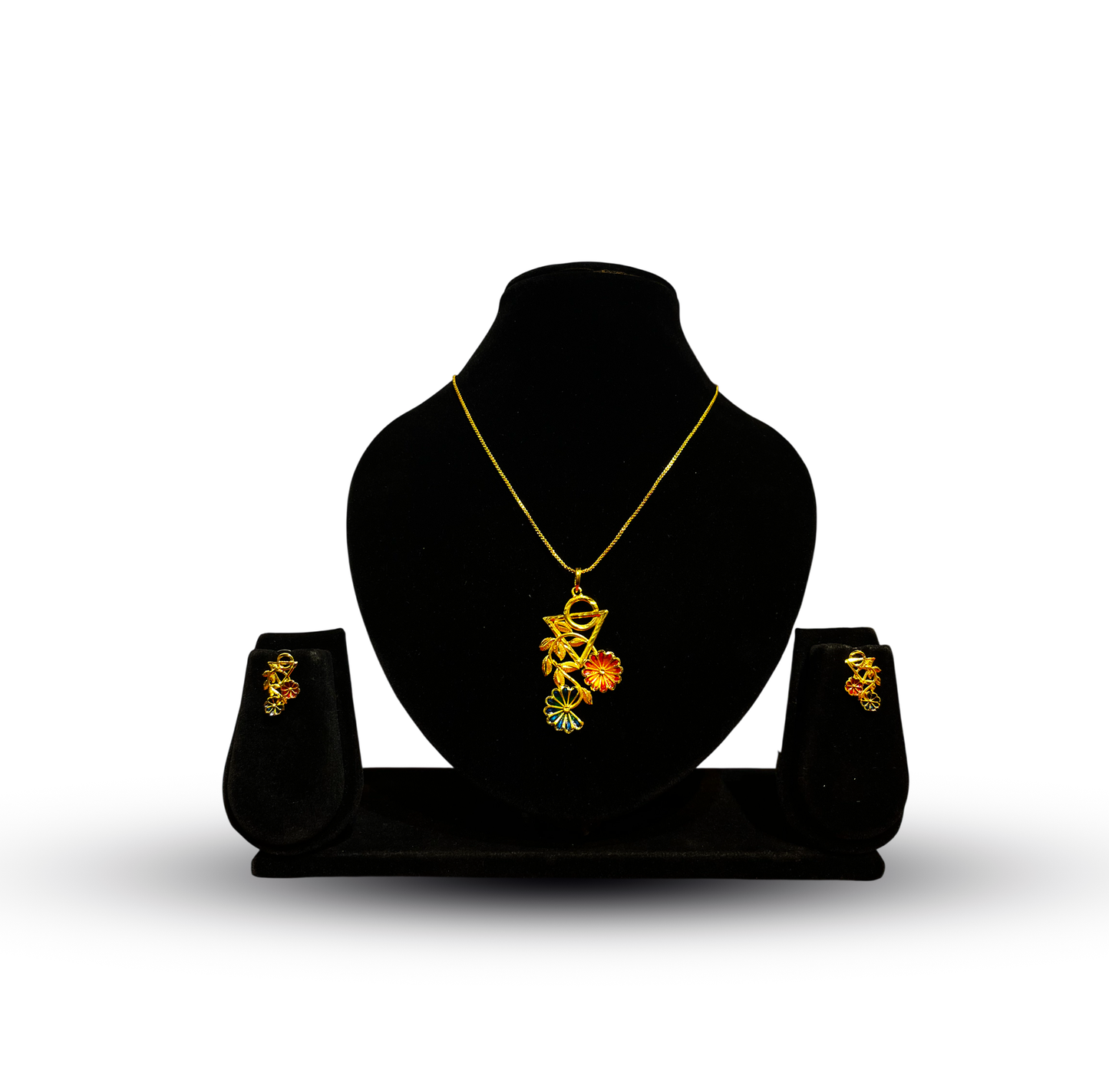 24K Gold-Plated - Multicolor Flower Pendant Necklace Set with Earrings