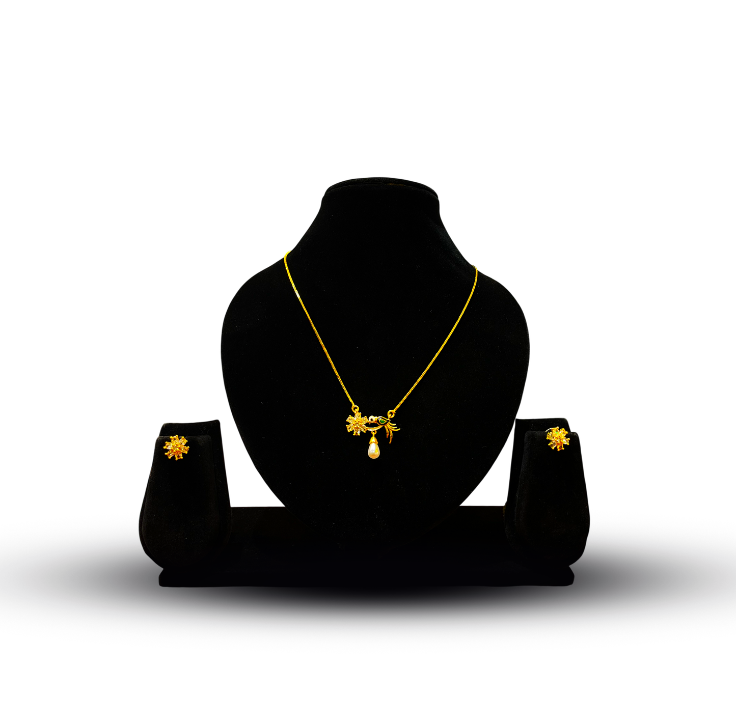 24K Gold-Plated - Floral Bird Pearl Drop Pendant Set with Earrings