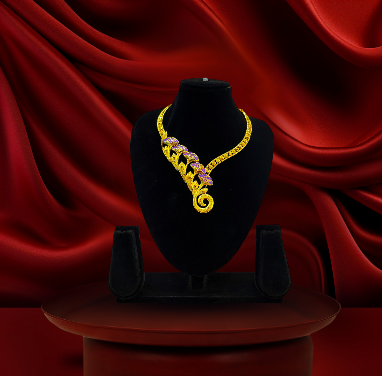 24K Gold-Plated - Purple Floral Vine Designer Necklace Set with Matching Earrings
