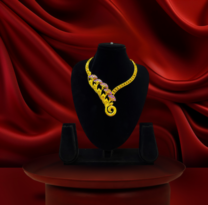 24K Gold-Plated - Purple Floral Vine Designer Necklace Set with Matching Earrings