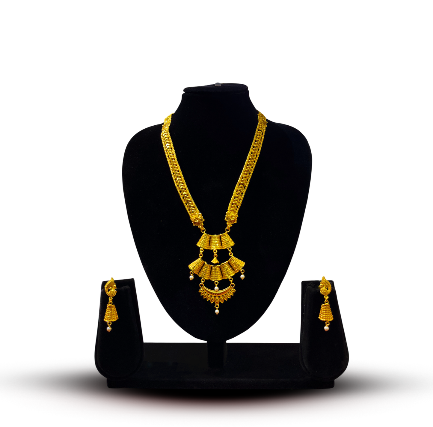 24K Gold-Plated - Triple-Layered Jhumka Sita Haar Necklace Set with Pearl Accents and Matching Earrings