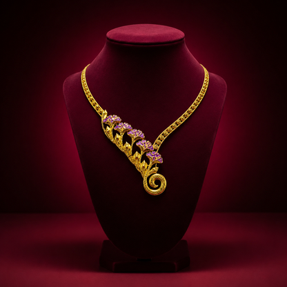 24K Gold-Plated - Purple Floral Vine Designer Necklace Set with Matching Earrings