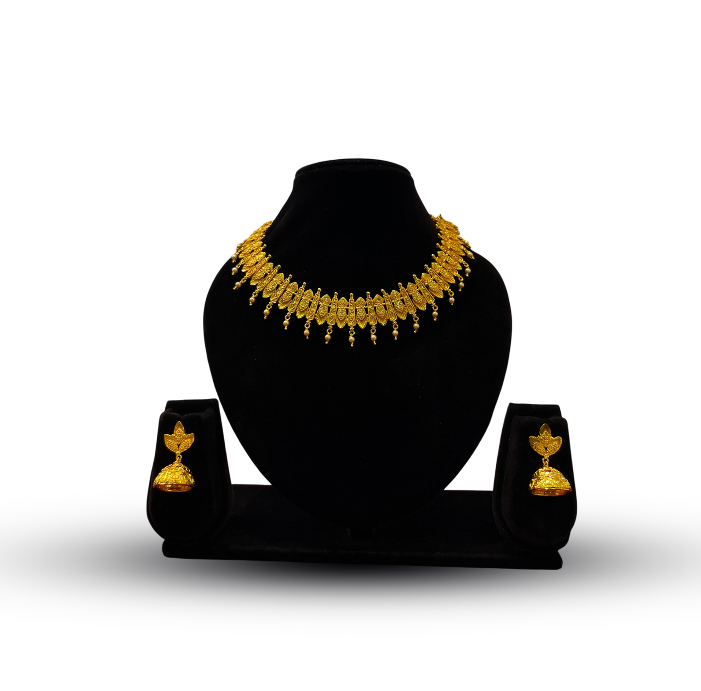 24K Gold-Plated - Traditional Fringe Necklace Set with Jhumka Earrings