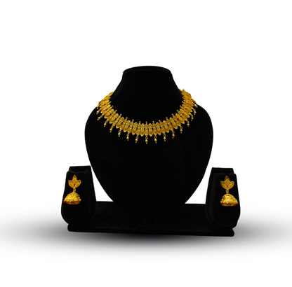 24K Gold-Plated - Traditional Fringe Necklace Set with Jhumka Earrings