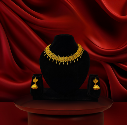 24K Gold-Plated - Traditional Fringe Necklace Set with Jhumka Earrings