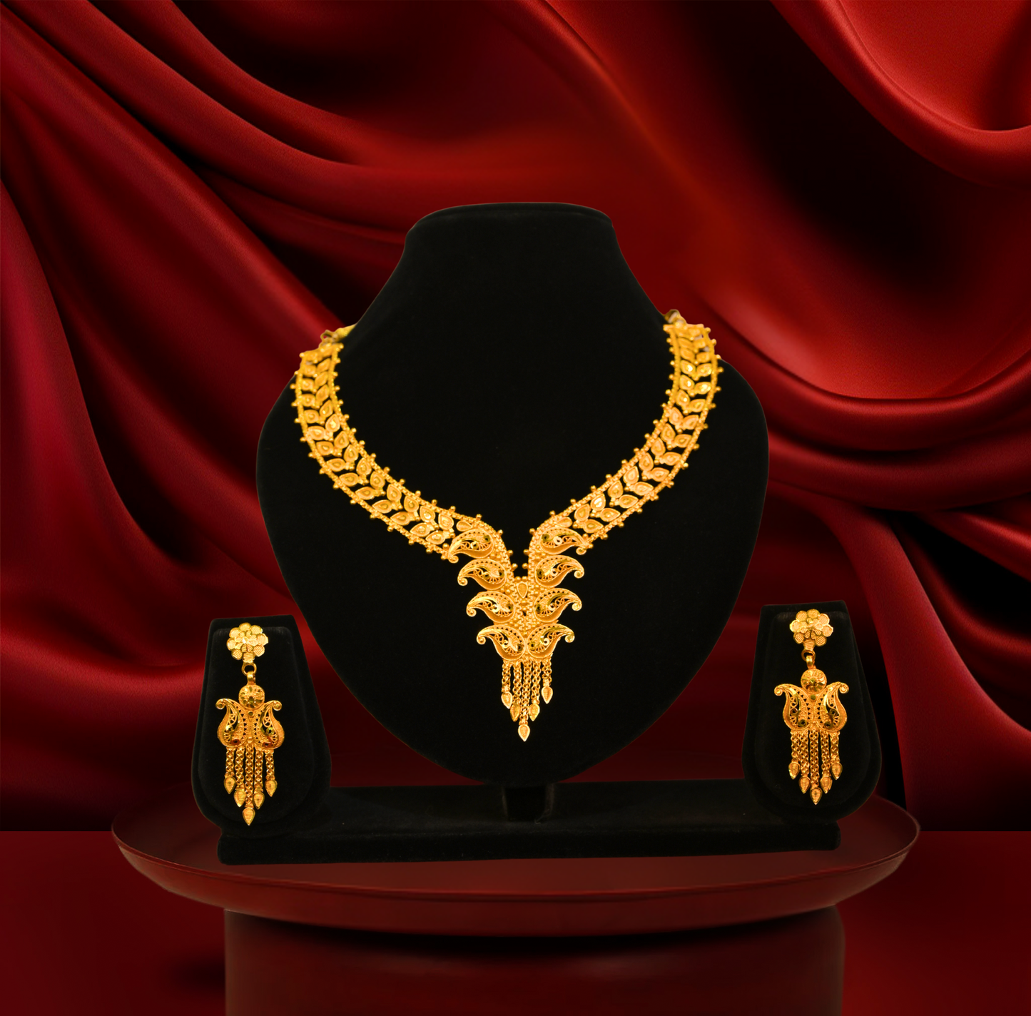 24K Gold-Plated - Regal Temple Kalka Bridal Necklace Set with Earrings