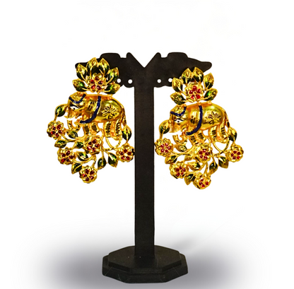 24K Gold-Plated Elephant Motif Statement Necklace Set with Floral Detailing & Matching Earrings