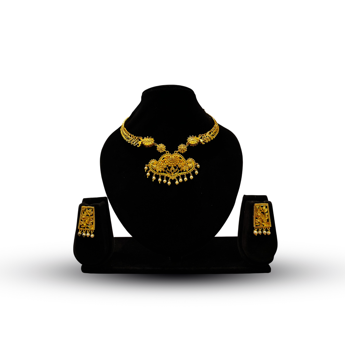 24K Gold-Plated - Filigree Pendant Necklace Set with Pearl Drop Earrings