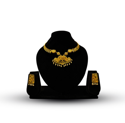 24K Gold-Plated - Filigree Pendant Necklace Set with Pearl Drop Earrings