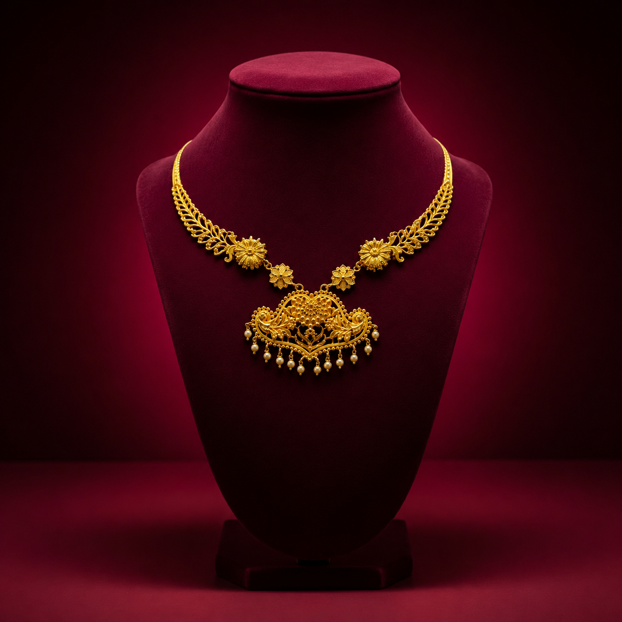 24K Gold-Plated - Filigree Pendant Necklace Set with Pearl Drop Earrings