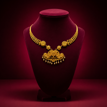 24K Gold-Plated - Filigree Pendant Necklace Set with Pearl Drop Earrings