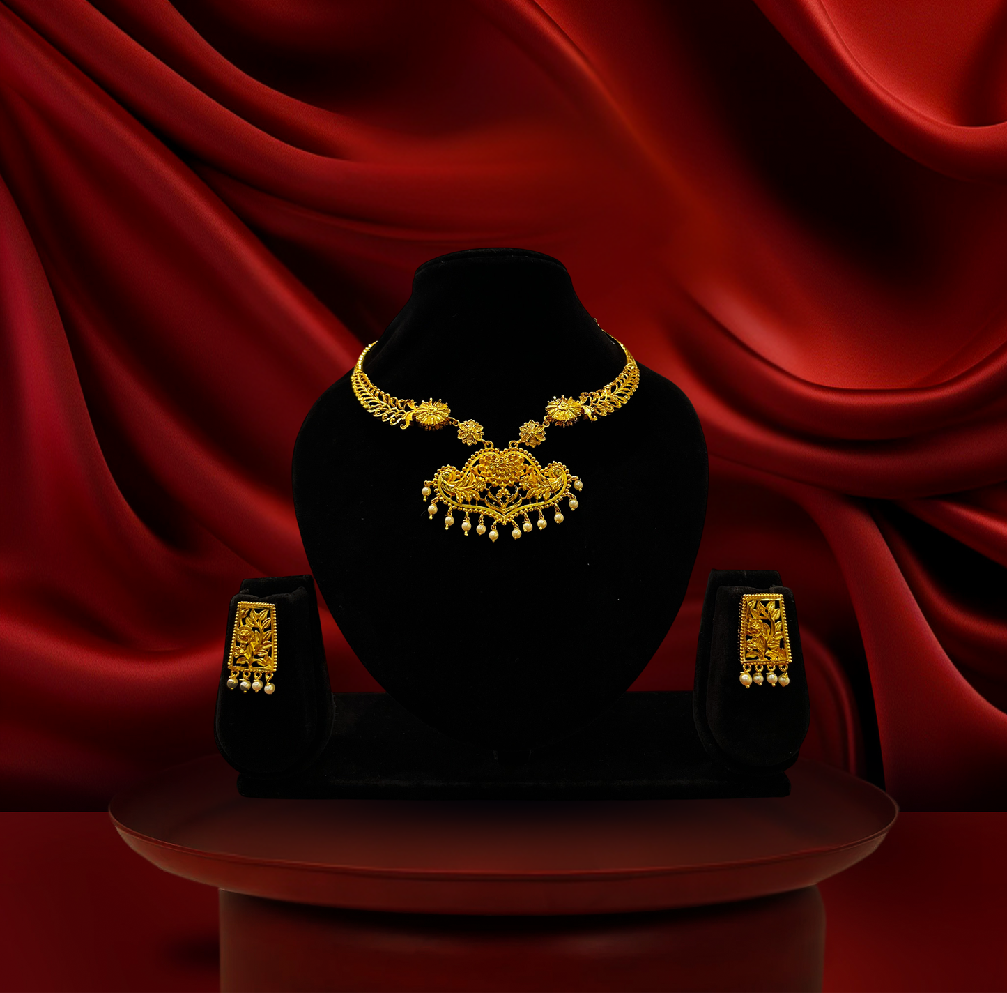 24K Gold-Plated - Filigree Pendant Necklace Set with Pearl Drop Earrings
