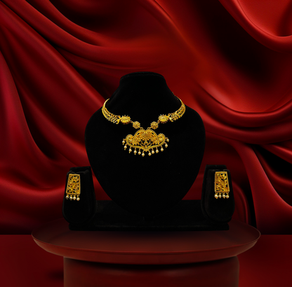 24K Gold-Plated - Filigree Pendant Necklace Set with Pearl Drop Earrings