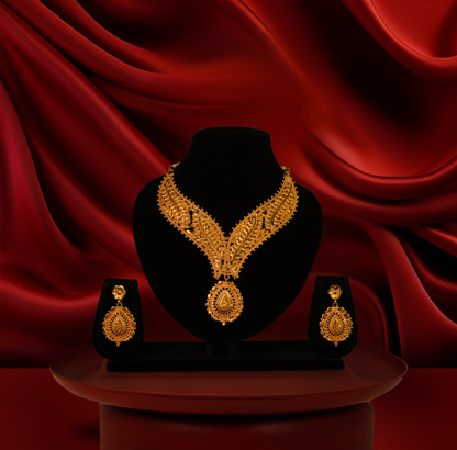 24K Gold-Plated -Traditional Nakshi V-Curve Bridal Necklace Set With Earrings