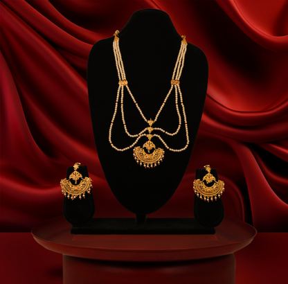 24K Gold-Plated - Traditional Pearl Threehlayer Bridal Sita Har Set With Earrings
