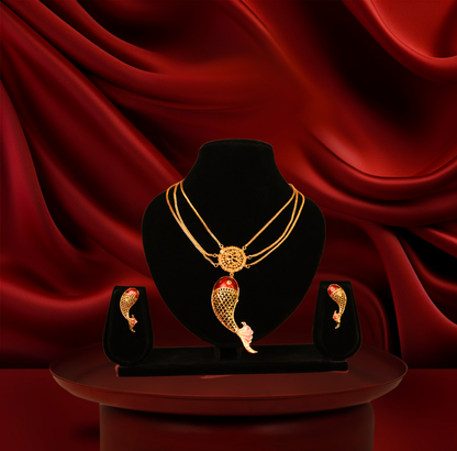 24K Gold-Plated - Three-Layer Golden Fish Elegance Set with Earrings