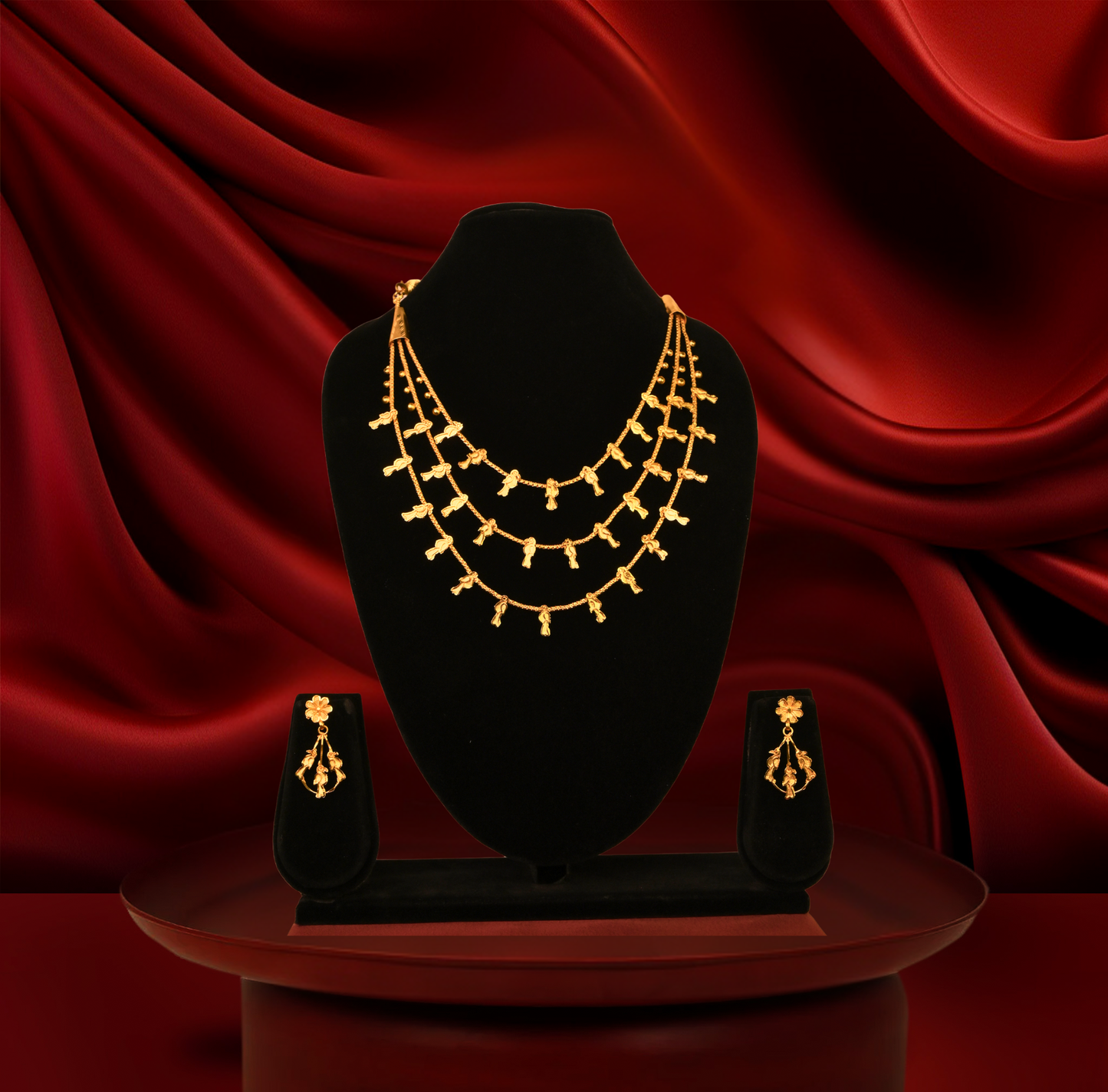 24K Gold-Traditional Triple-Layer Bird Motif lohori seTraditional Triple-t with Earrings