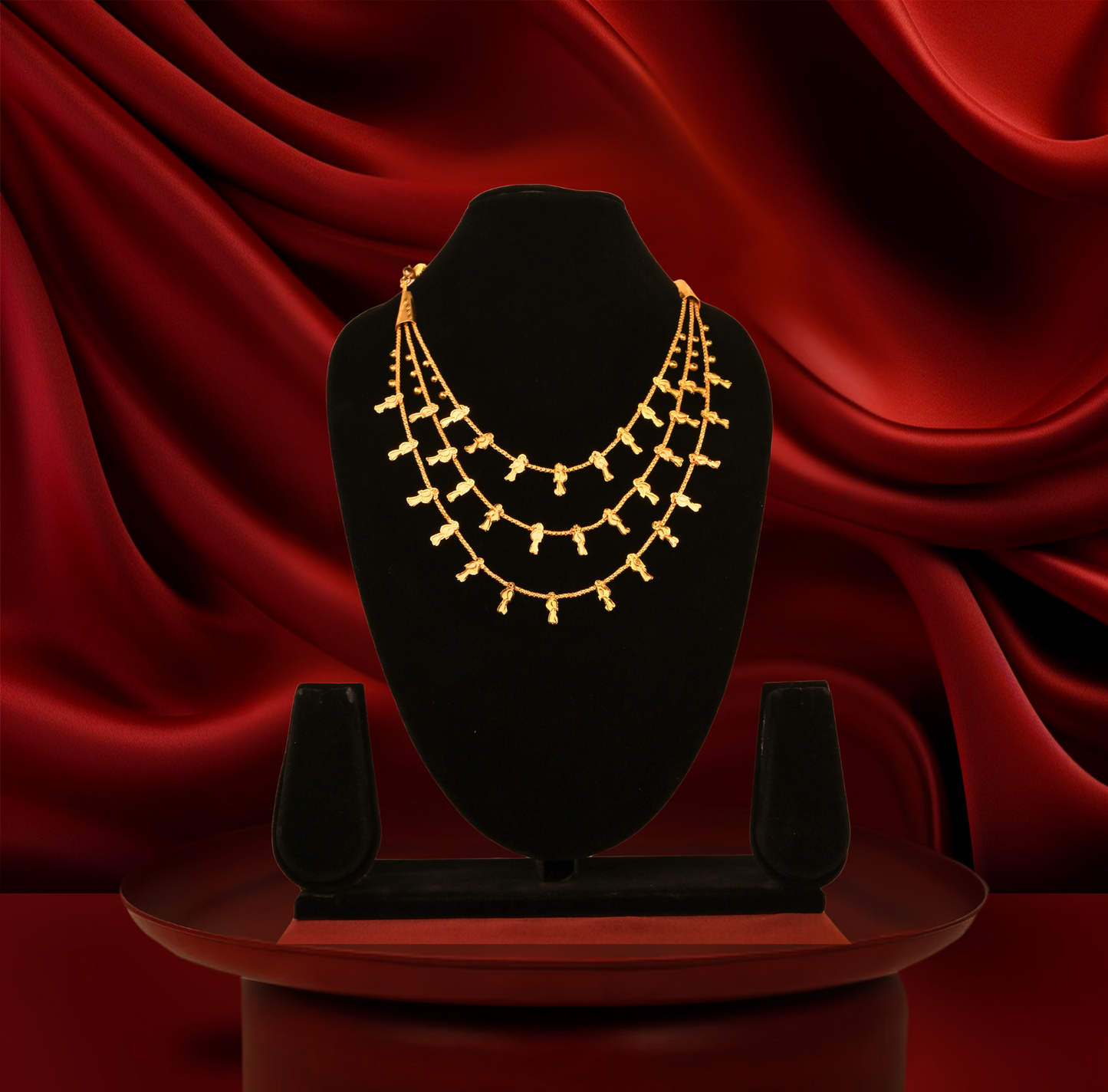 24K Gold-Traditional Triple-Layer Bird Motif lohori seTraditional Triple-t with Earrings