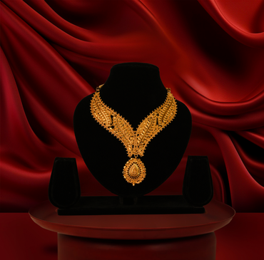 24K Gold-Plated -Traditional Nakshi V-Curve Bridal Necklace Set With Earrings