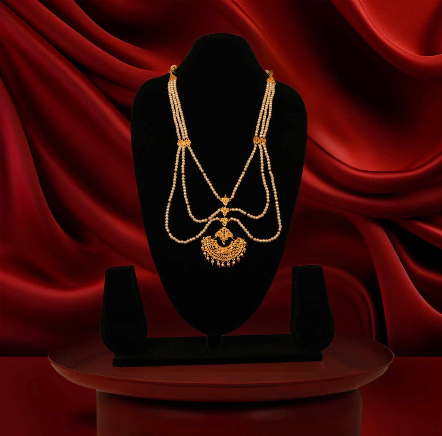 24K Gold-Plated - Traditional Pearl Threehlayer Bridal Sita Har Set With Earrings