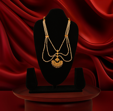 24K Gold-Plated - Traditional Pearl Threehlayer Bridal Sita Har Set With Earrings