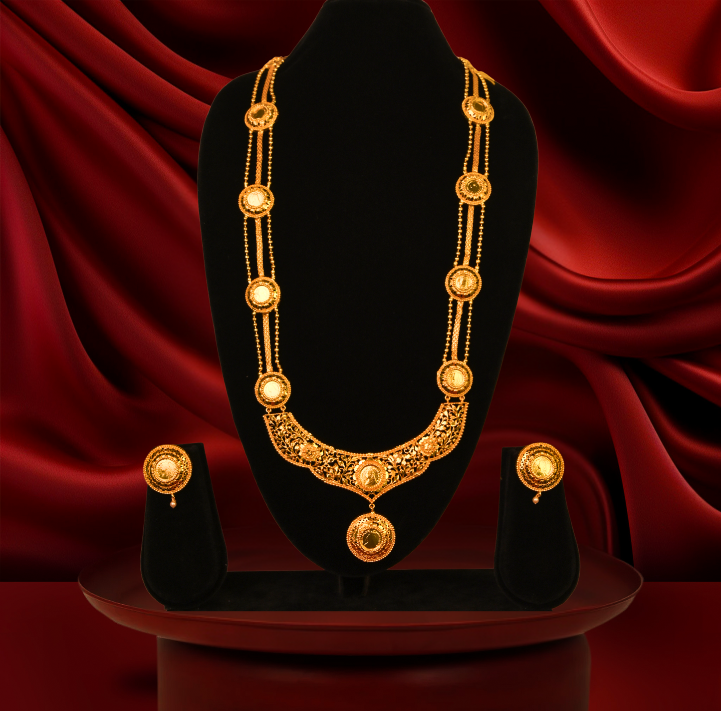 24K Gold-Plated -Regal Multi-Layer Guinea Pendant Set  With Earrings