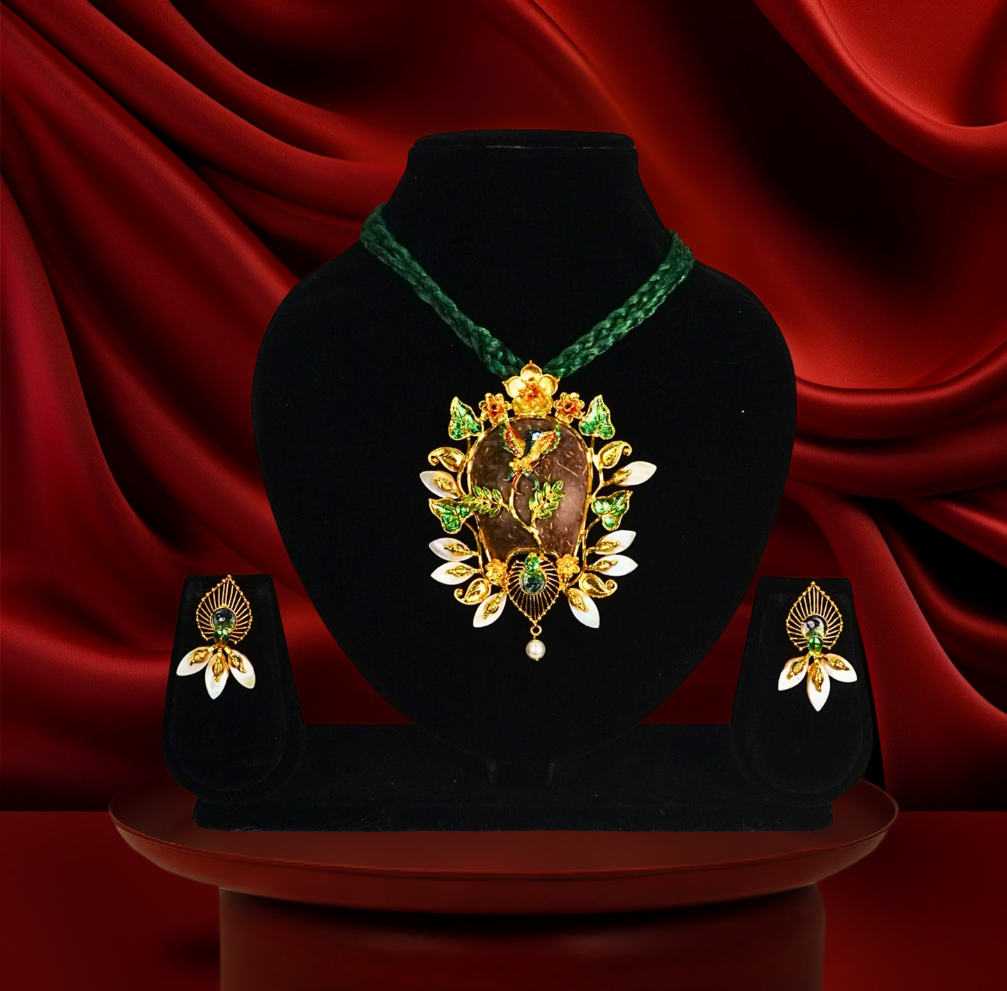 24K Gold-Plated Handcrafted Peacock Motif Coconut Shell Pendant Set with Earrings