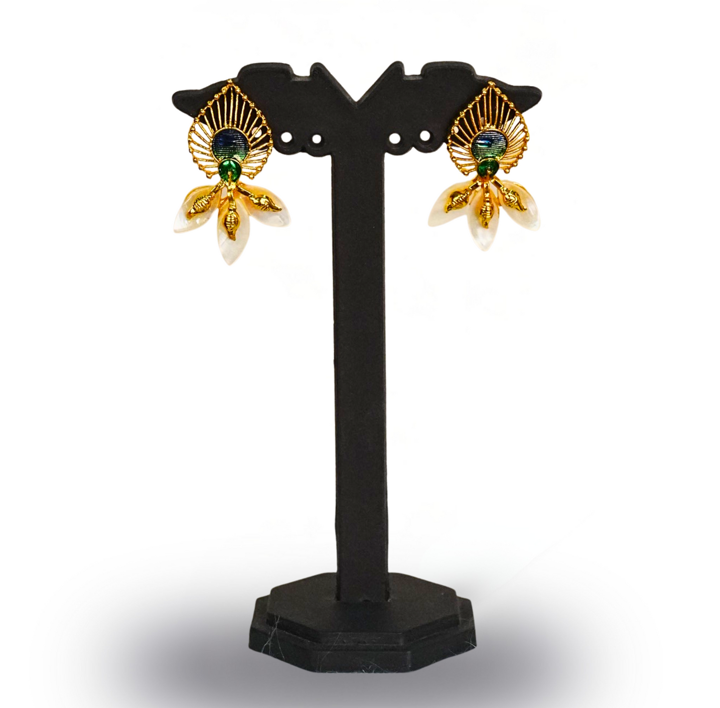 24K Gold-Plated Handcrafted Peacock Motif Coconut Shell Pendant Set with Earrings