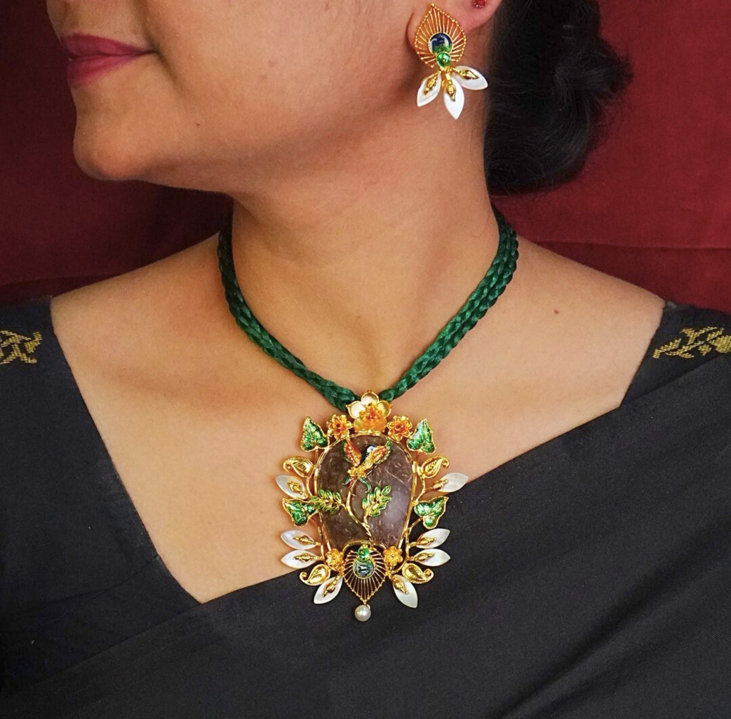 24K Gold-Plated Handcrafted Peacock Motif Coconut Shell Pendant Set with Earrings