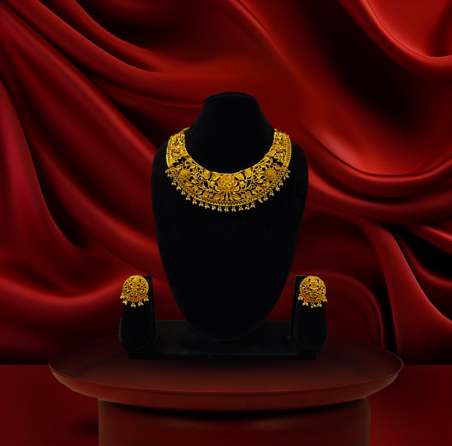 24K Gold-Plated - Rose Bloom Necklace Set with Earrings