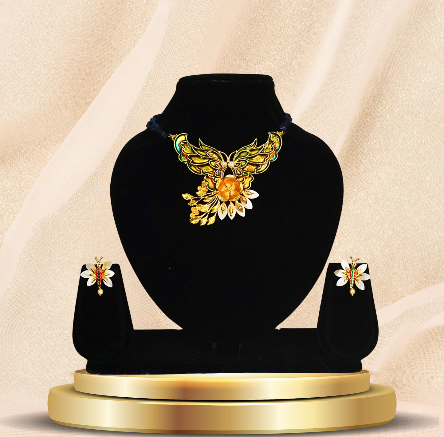 24KT Gold-Plated Butterfly Motif Pendant Set with Floral Earrings