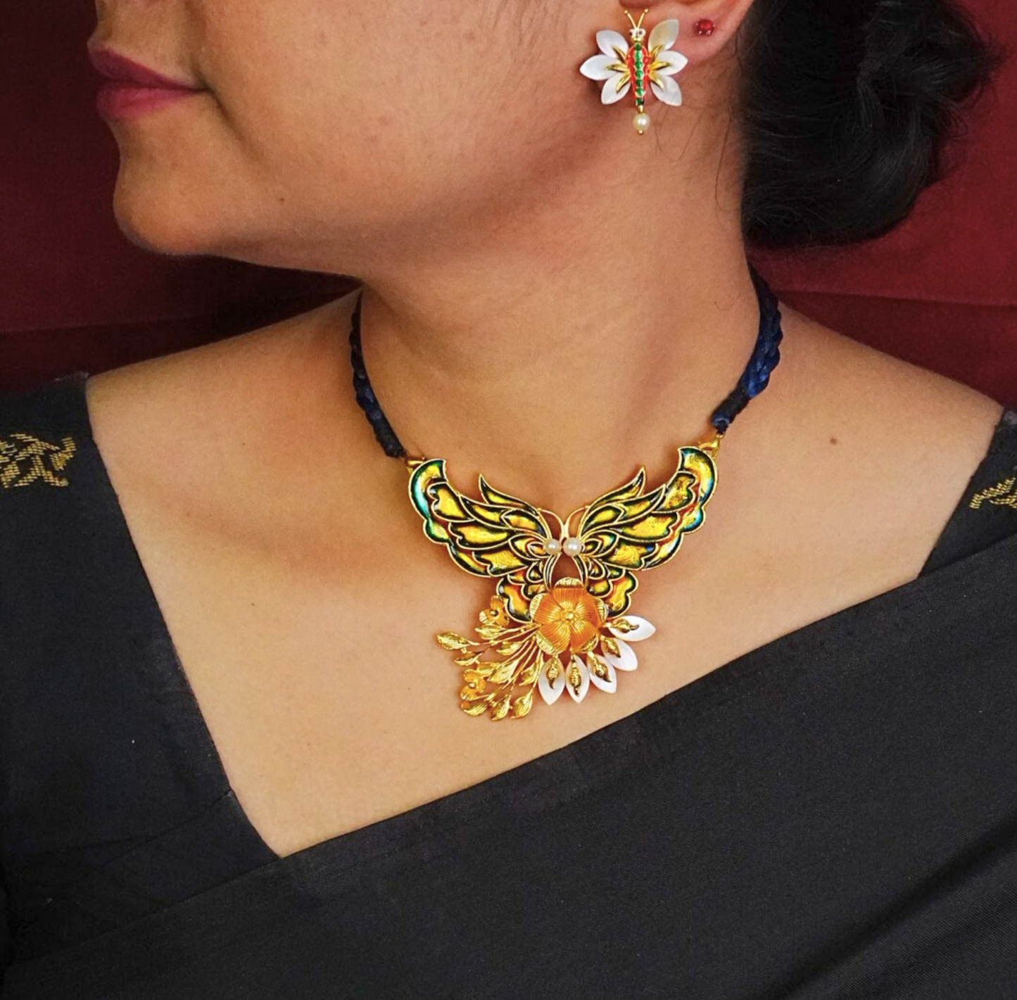 24KT Gold-Plated Butterfly Motif Pendant Set with Floral Earrings