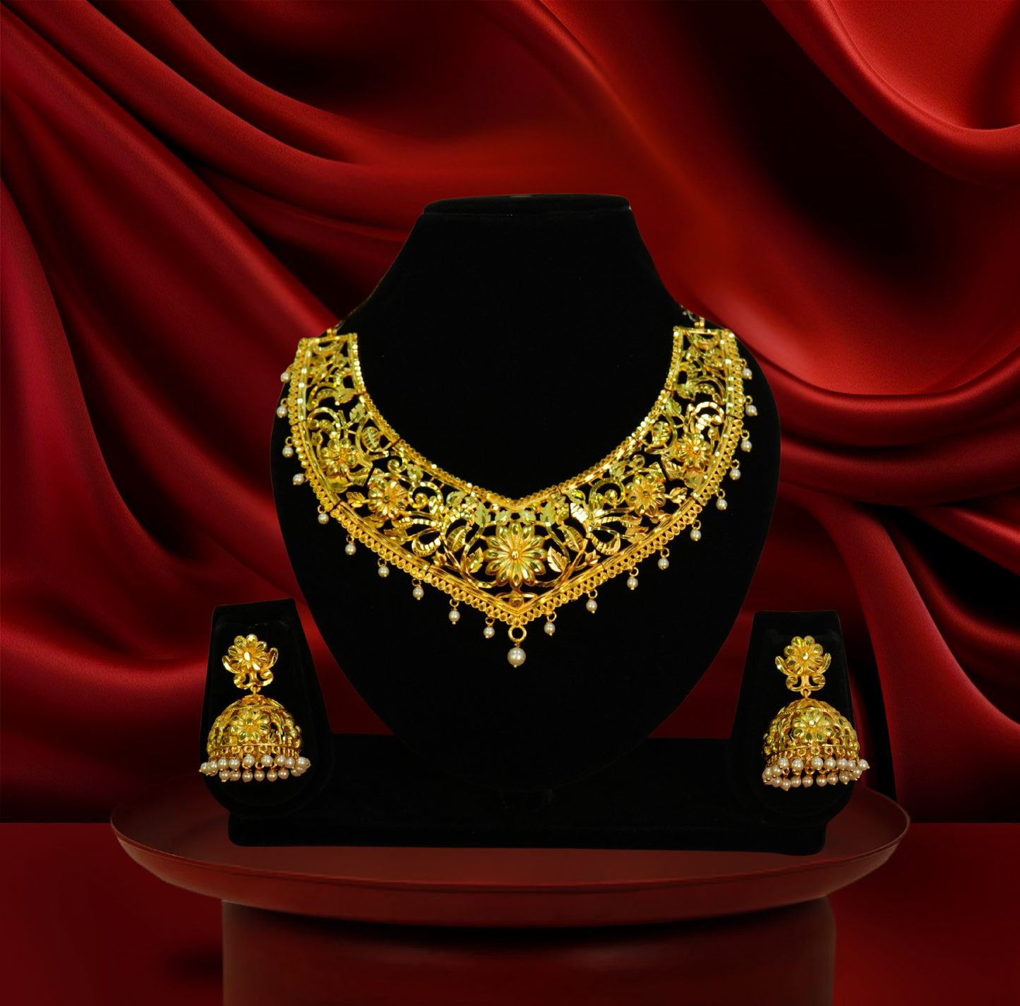 24K Gold-Plated – Flower Motif V Shaped Bridal Choker Set
