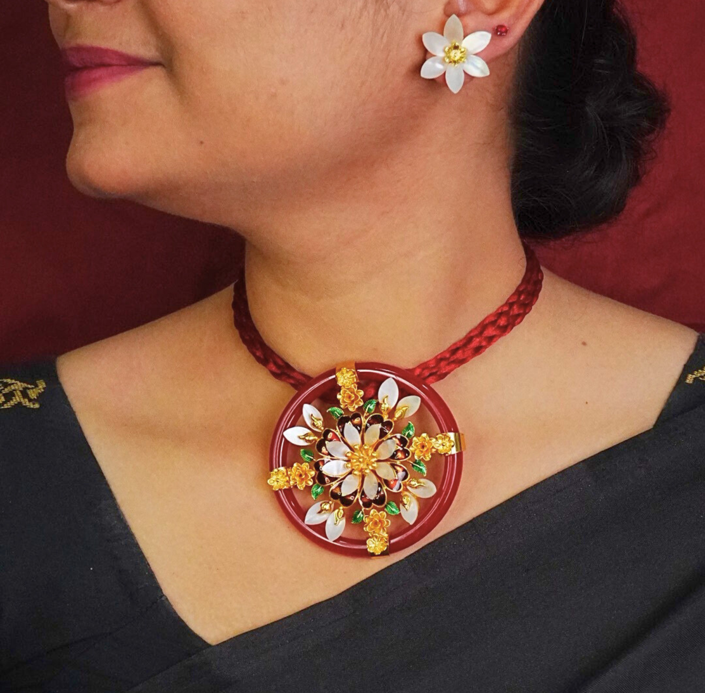 24K Gold-Plated Red Pola Shell Pendant Set with Earrings | Traditional Floral Jewelry