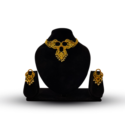 24K Gold-Plated - Elegant Bridal Choker with Pearl Drops with Earrings