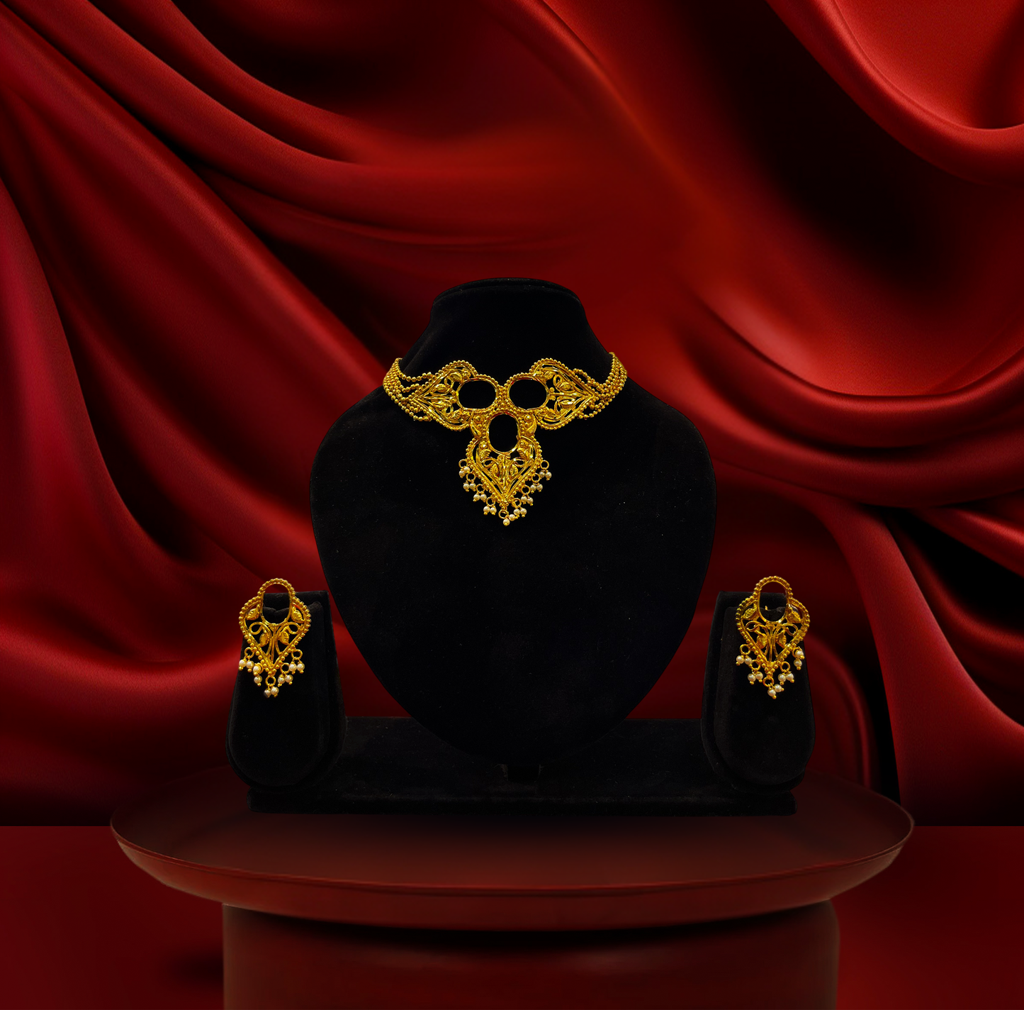 24K Gold-Plated - Elegant Bridal Choker with Pearl Drops with Earrings