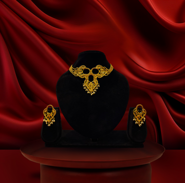 24K Gold-Plated - Elegant Bridal Choker with Pearl Drops with Earrings
