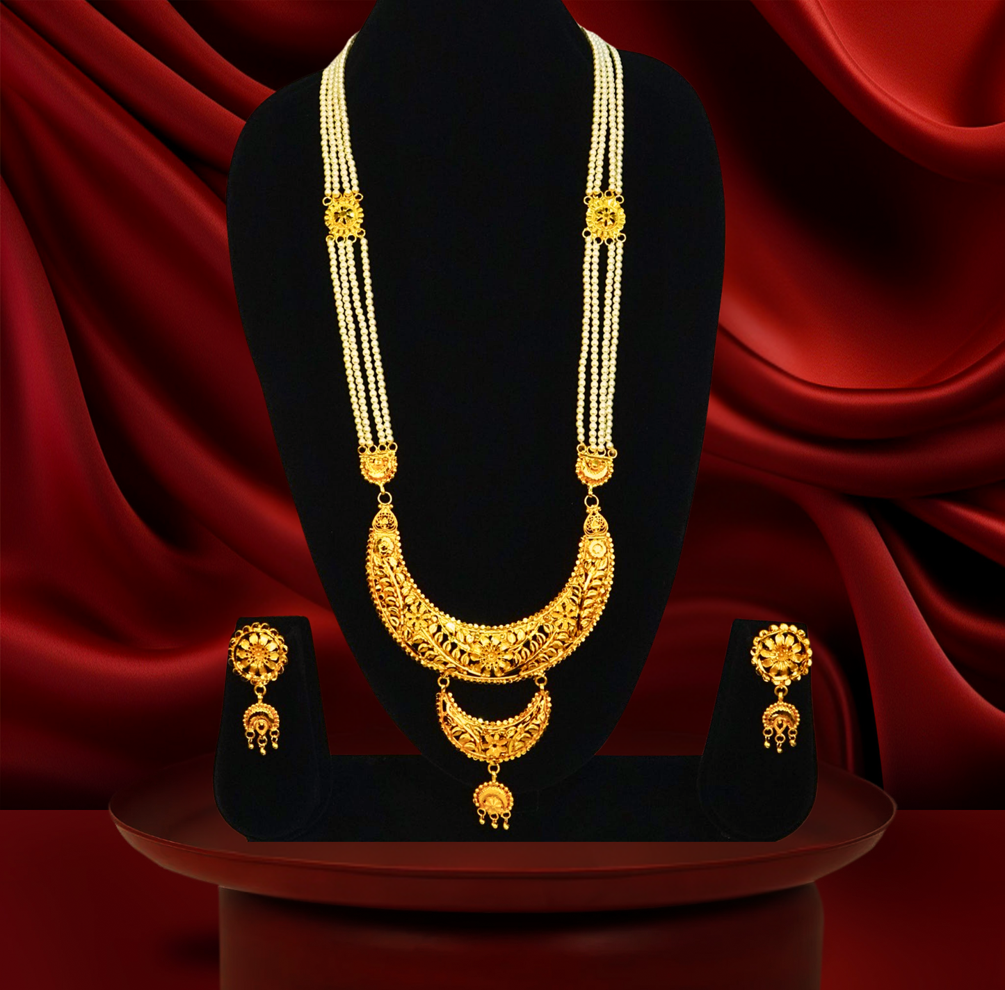 Regal Moon Crescent Bridal Set – 24K Gold-Plated Long pearl set with Earrings