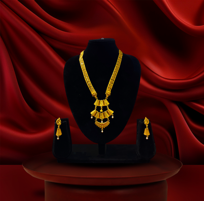 24K Gold-Plated - Triple-Layered Jhumka Sita Haar Necklace Set with Pearl Accents and Matching Earrings