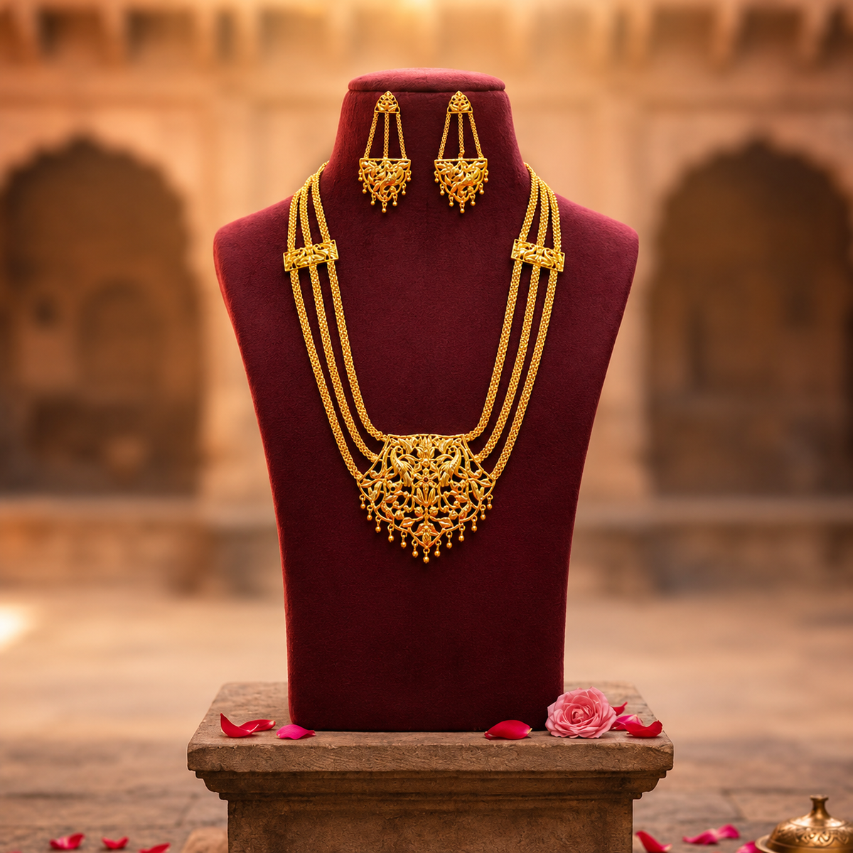 24K Gold-Plated - Mayer Sporsho Special Belt Haar Necklace Set with Matching Earrings