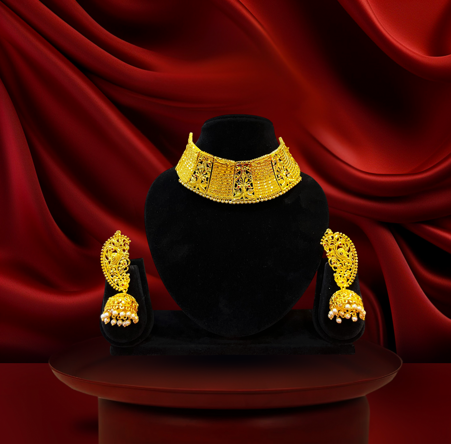24K Gold-Plated - Traditional Gold Plated Bridal Choker Necklace Set with Jhumka Earrings