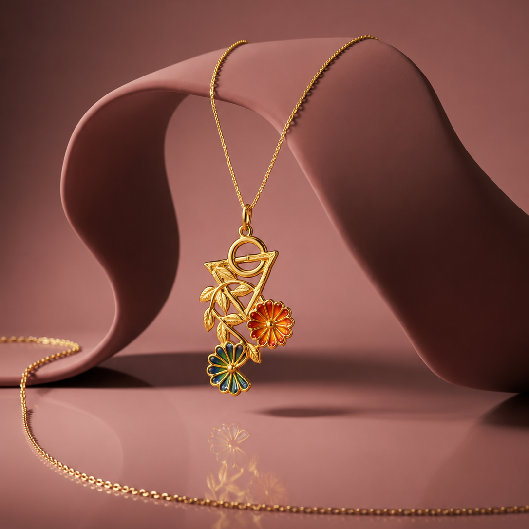 Gold necklace with floral pendant on a pink background