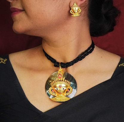 24K Gold-Plated Maa Durga Face Shell Pendant Set with Earrings