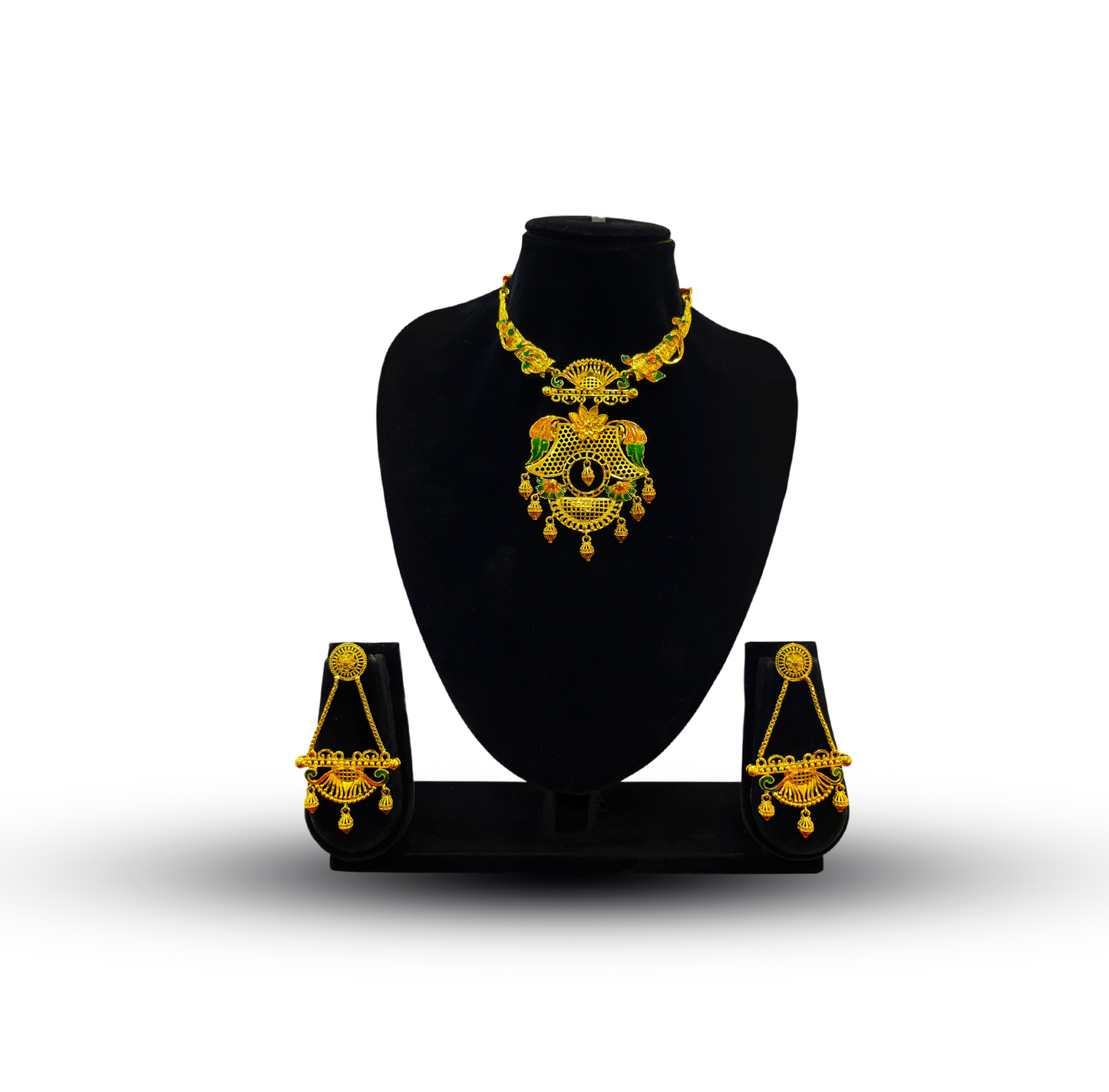 24K Gold-Plated - Peacock Temple Hasuli Necklace Set with Matching Earrings