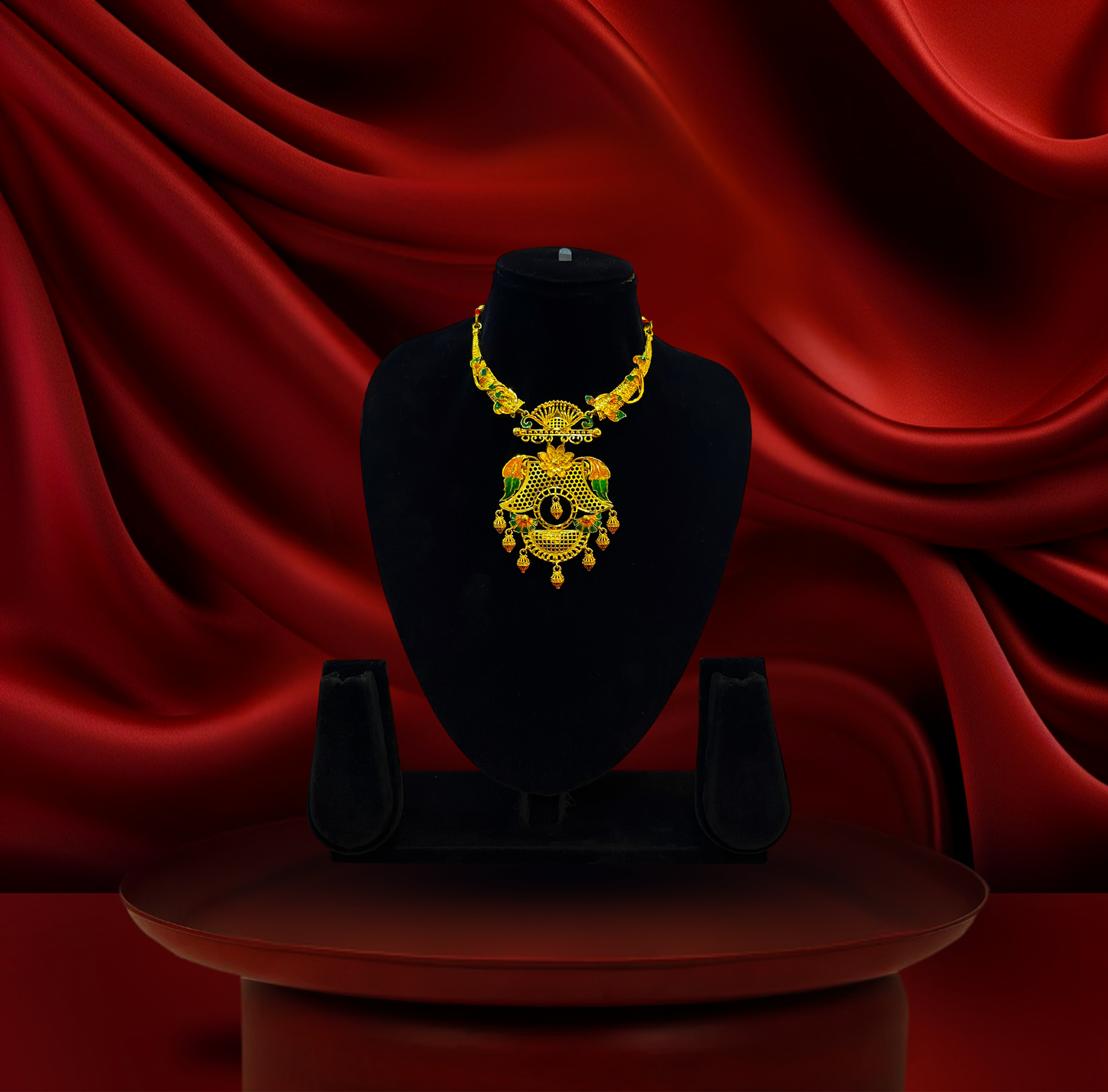 24K Gold-Plated - Peacock Temple Hasuli Necklace Set with Matching Earrings