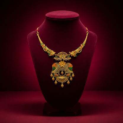 24K Gold-Plated - Peacock Temple Hasuli Necklace Set with Matching Earrings