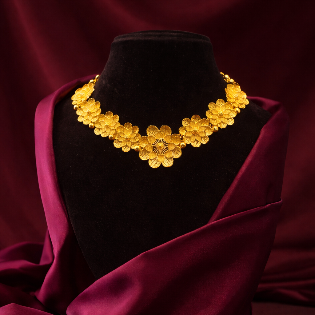 Gold necklace on a black mannequin bust draped with red fabric against a dark background