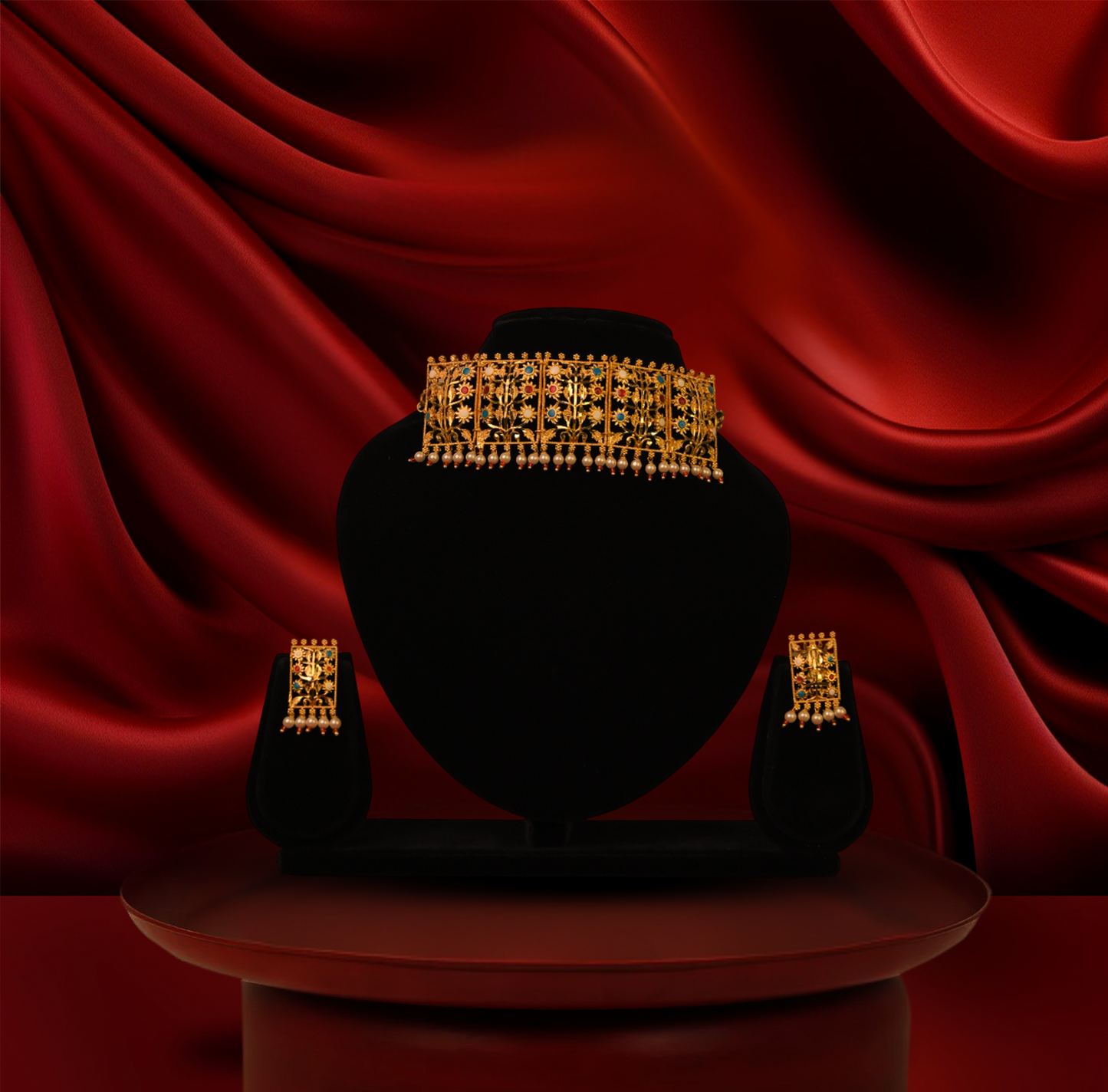 24K Gold-Plated -Ethnic Floral Gold Plated Choker Necklace Set With Earrings