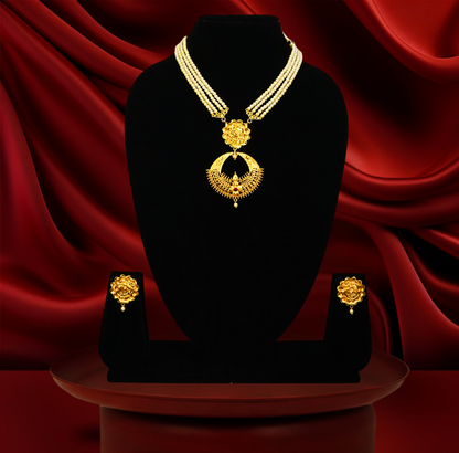 Floral Chandbali Pendant pearl Necklace Set – 24K Gold-Plated with Earrings